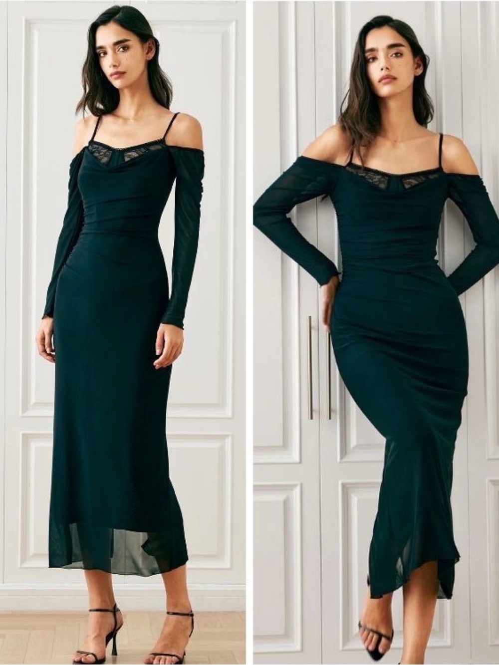 Cold-Shoulder Lace-Trim Midi Dress in Deep Green